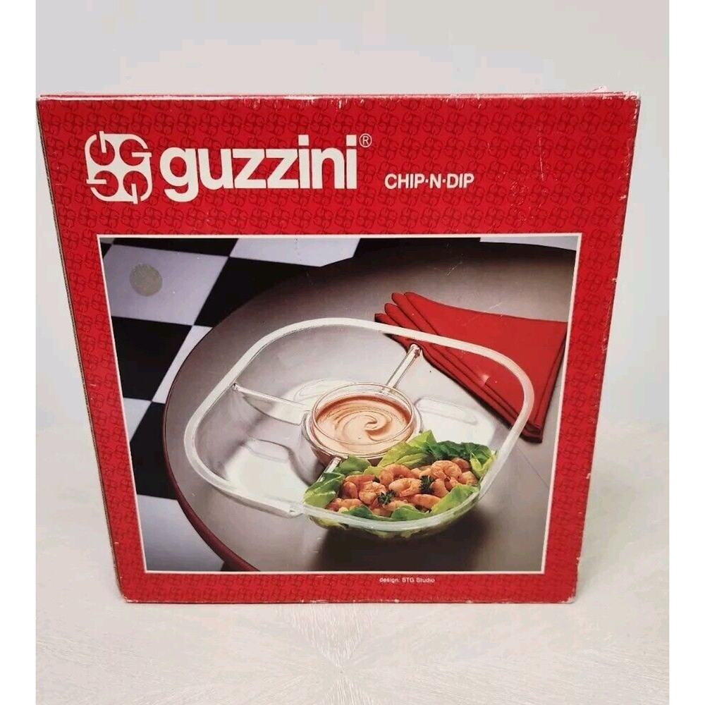 MCM Vtg Guzzini Plastic Chip N Dip Serving Party Plate Clear Lucite Used In Box